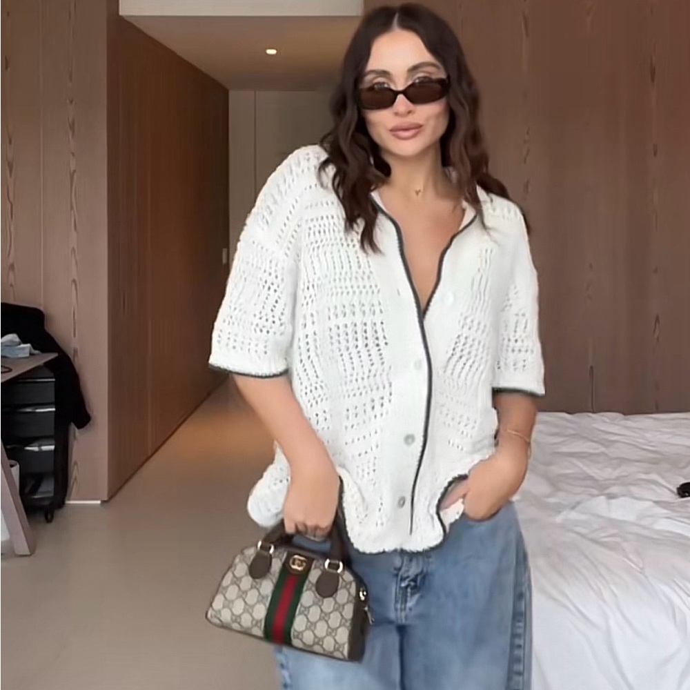 ZARA Cream Crochet Knit Short Sleeve Cardigan Top | Button Front Boho
